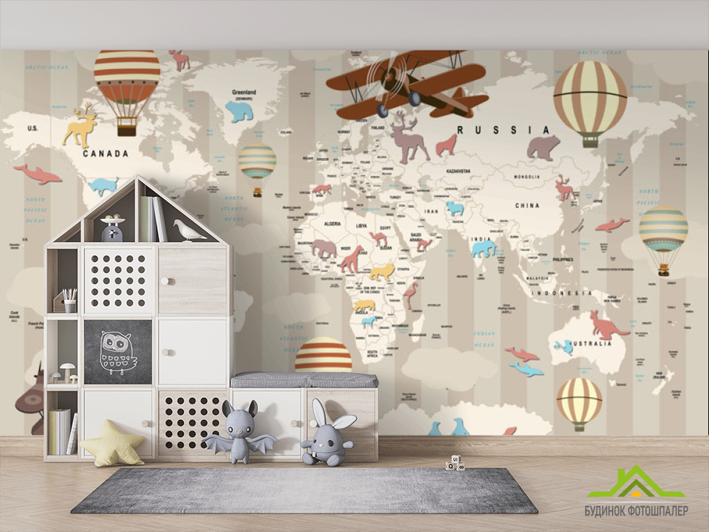 Фотообои карта мира с животными и самолетами