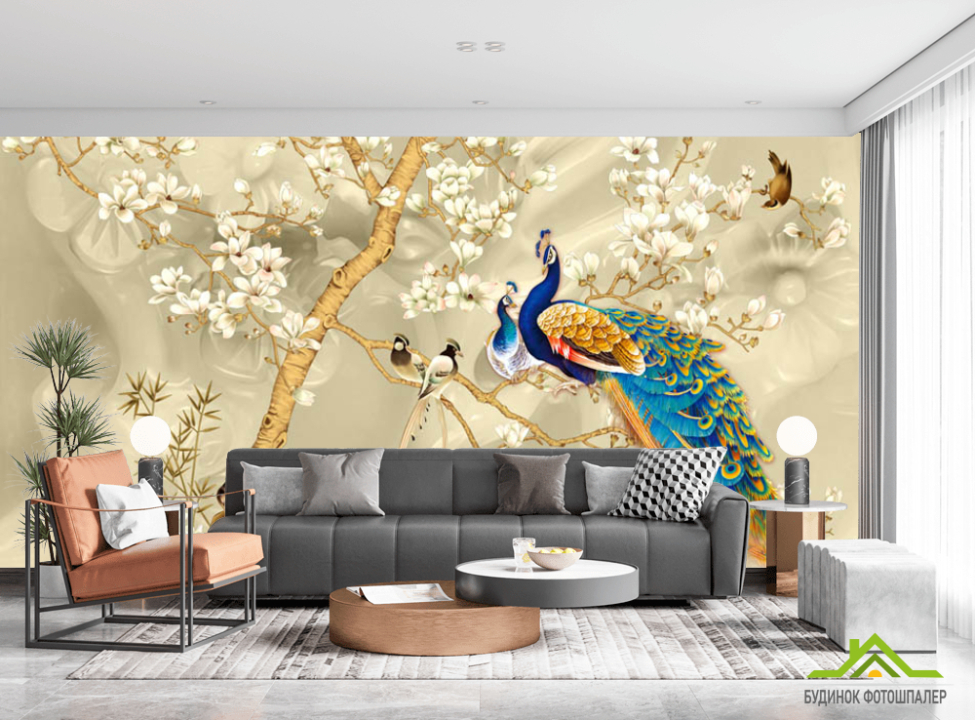 выбрать Фотообои Ветки магнолии и павлин Фотообои Восточный стиль на стену