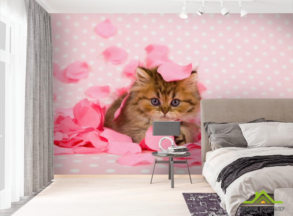 выбрать Фотообои котёнок в лепестках роз Фотообои Коты на стену