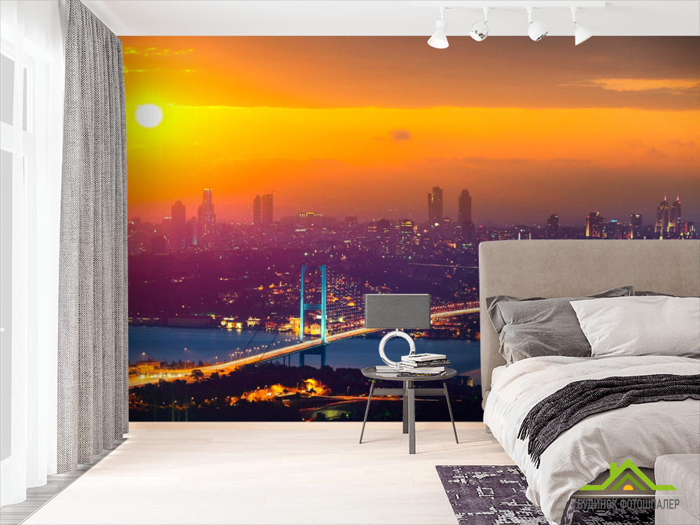 Фотошпалери красивий жовтий захід сонця над містом