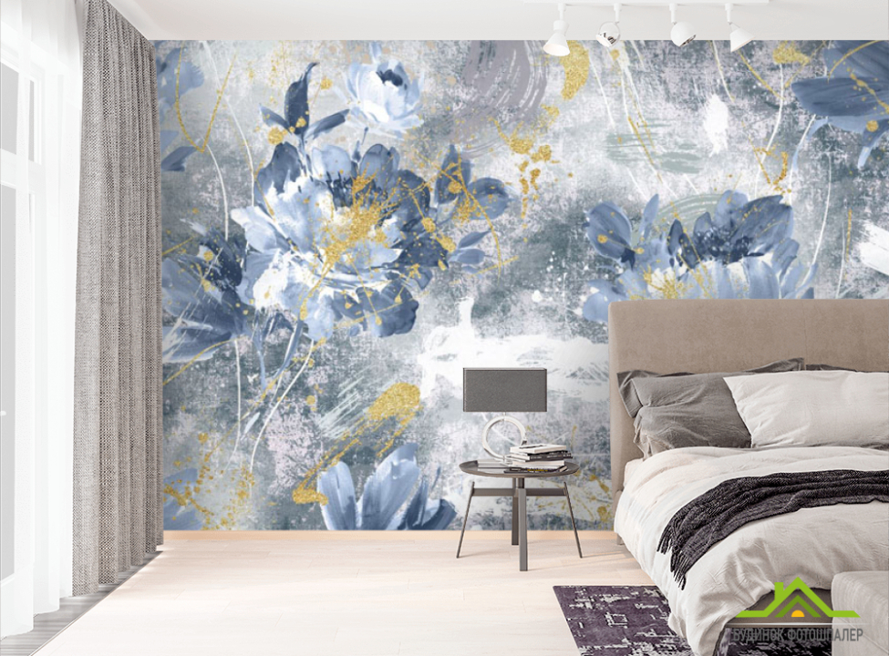 выбрать Фотошпалери дизайнерські квіти з золотом сині. Фотошпалери Квіти на стіну