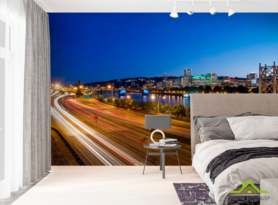 выбрать Фотообои Ночная яркая дорога Фотообои Современный город на стену