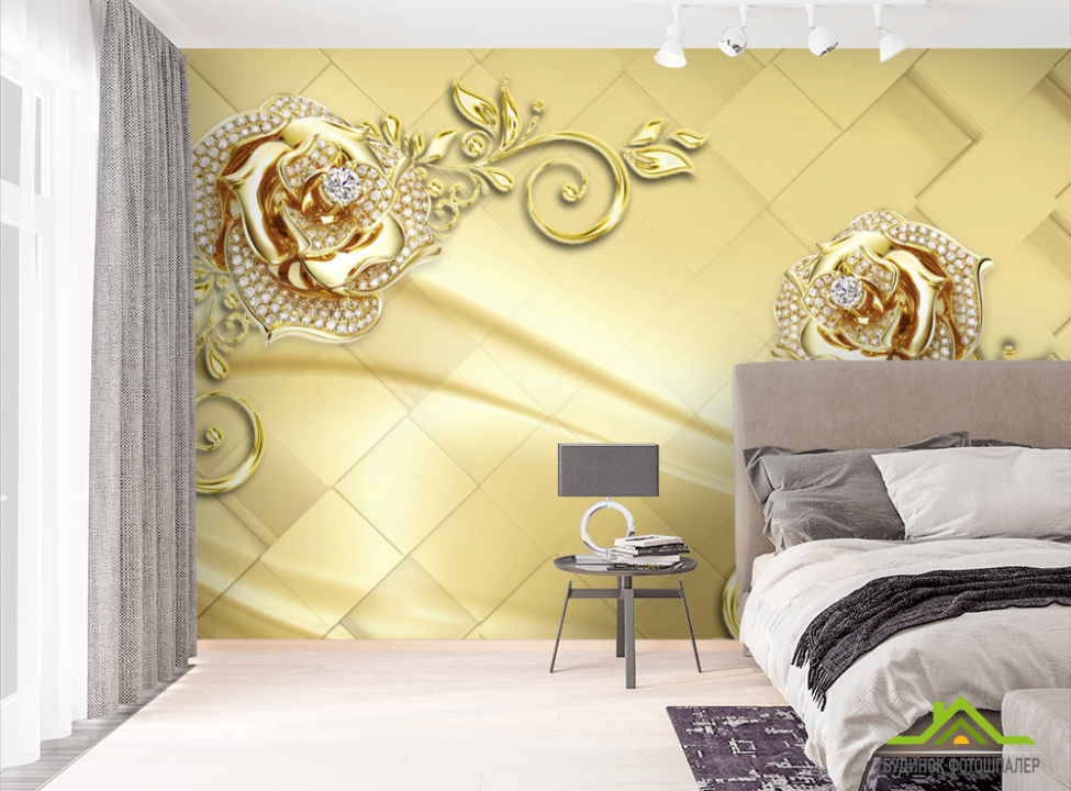 выбрать Фотошпалери Золоті брошки на коричневому тлі Фотошпалери квіти 3d на стіну