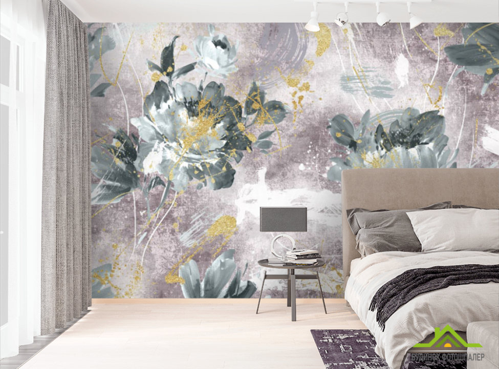 выбрать Фотошпалери дизайнерські квіти з золотом рожеві. Фотошпалери Квіти на стіну