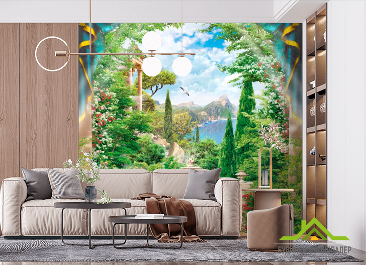 Фотообои Арка, море, деревья, фонтан