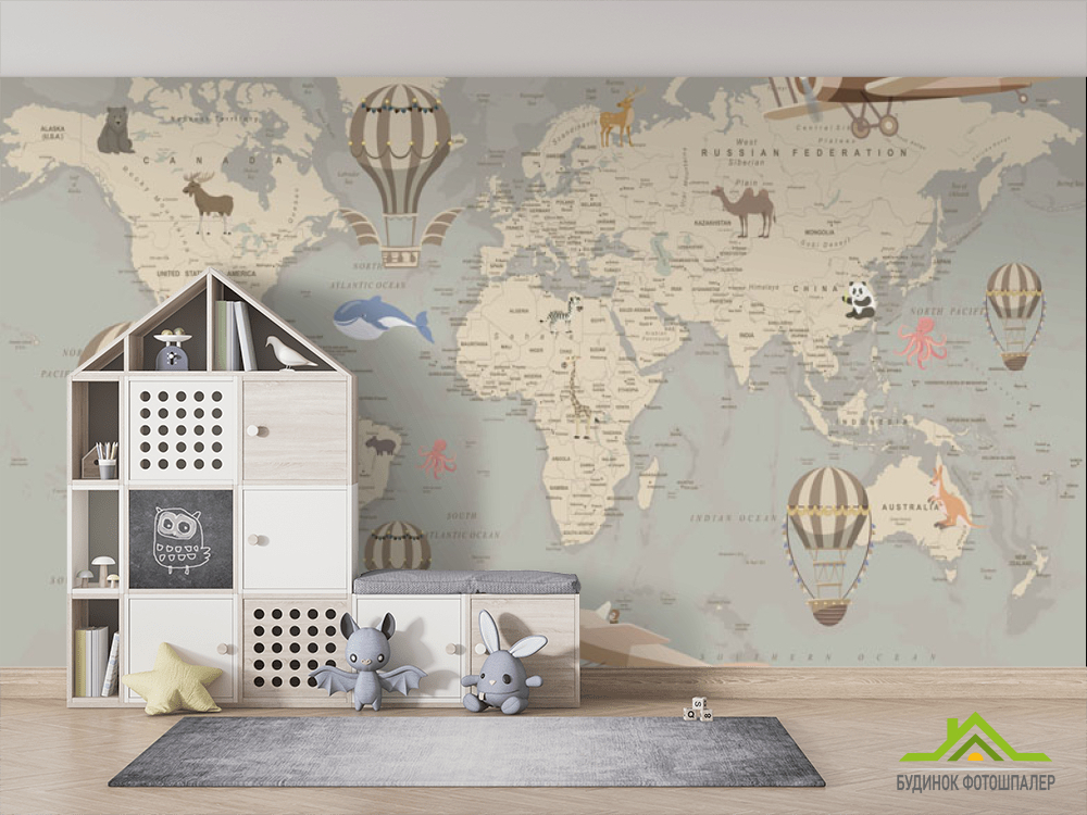 Фотообои Карта детская с шарами и самолетами