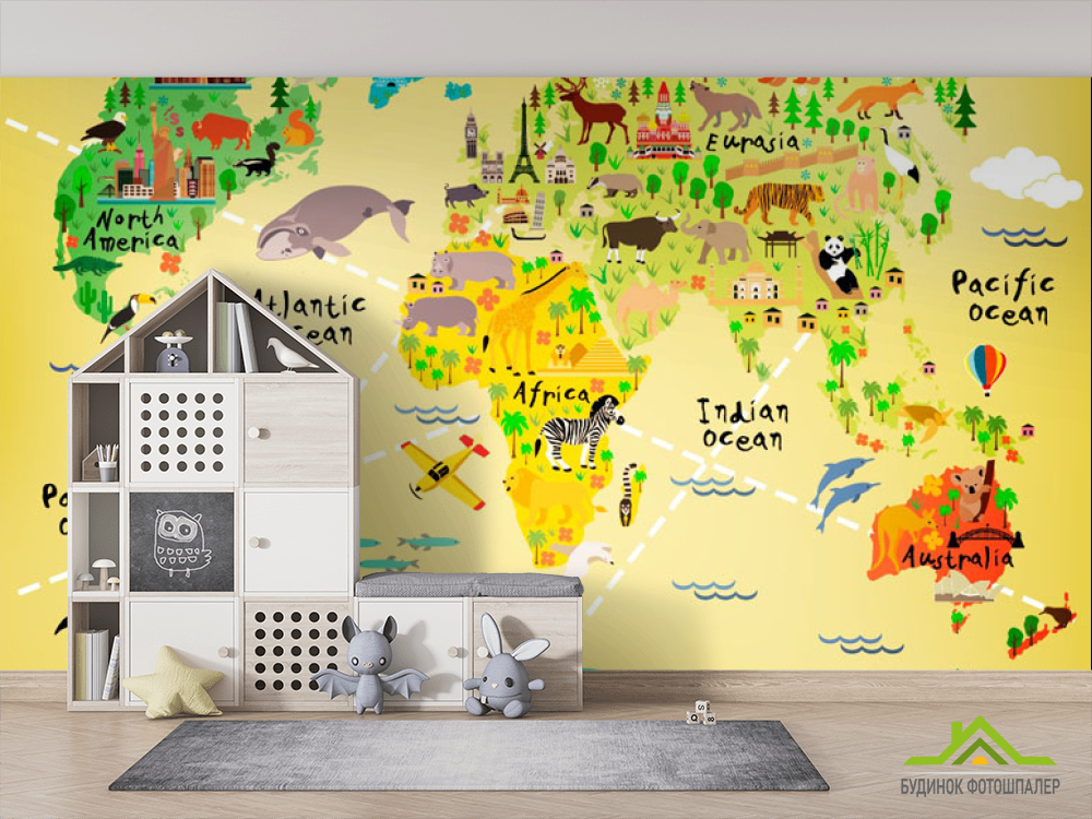 Фотообои Желтая детская карта с животными