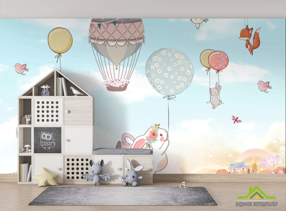 выбрать Фотошпалери Зайчика на повітряних кулях Фотошпалери Little kids на стіну