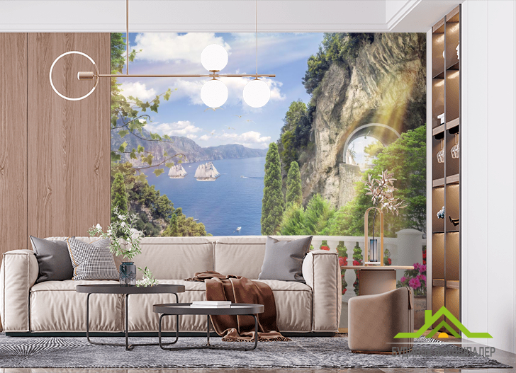 Фотообои море за белым забором на скале