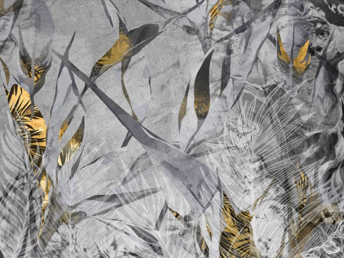 Фотошпалери сірі тропічні листя з золотом.