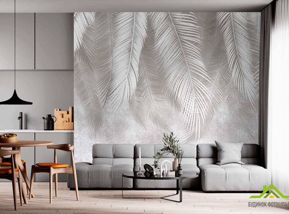 выбрать Фотообои Сіре листя на фоні бетону Фотообои Дизайнерские листья на стену