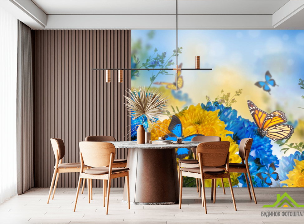 выбрать Фотообои голубо-желтые цветы и бабочки Фотообои Цветы на стену