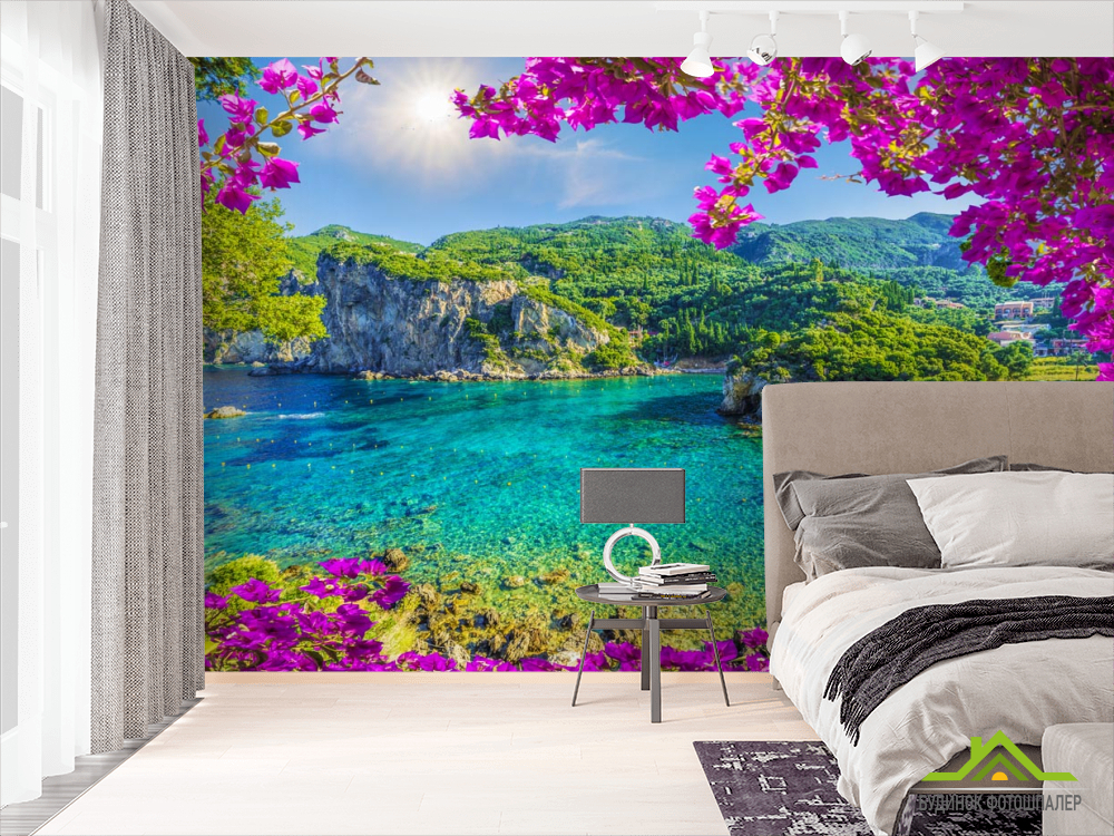 Фотообои вид на гавань через розовые ветки