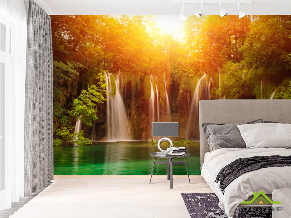 Фотошпалери сонце над водоспадом