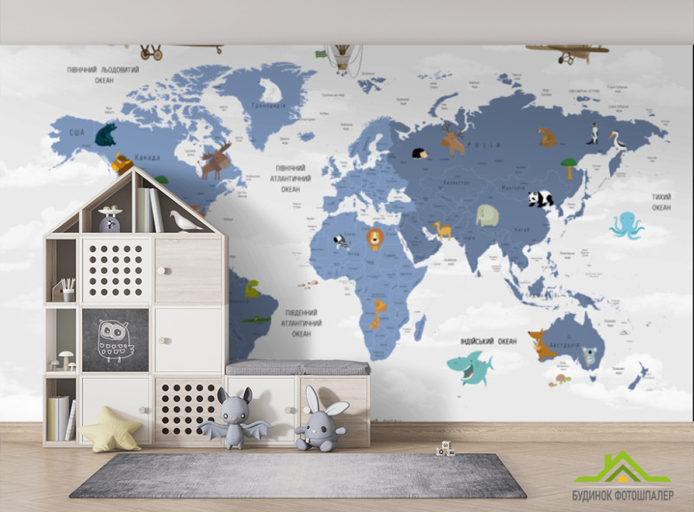 выбрать Фотошпалери Карта Дитяча на українському сині континенти Фотошпалери Розвиваючі карти на стіну