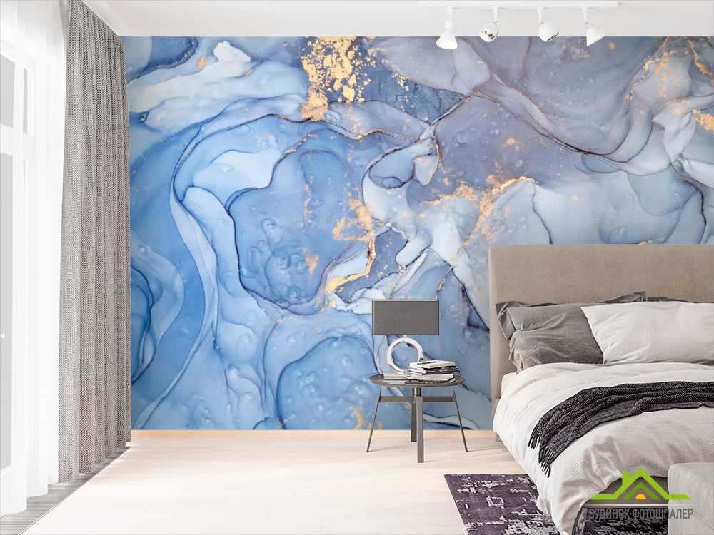 Фотошпалери Блакитний Fluid art з золотом