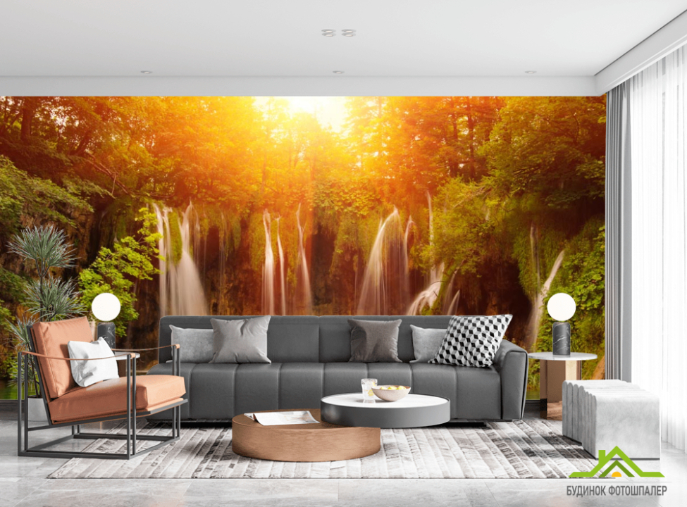 выбрать Фотошпалери сонце над водоспадом Фотошпалери Природа на стіну