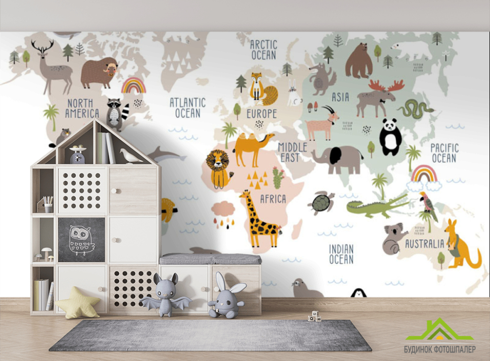 выбрать Фотошпалери карта дитяча з тваринами англійською мовою Фотошпалери Розвиваючі карти на стіну