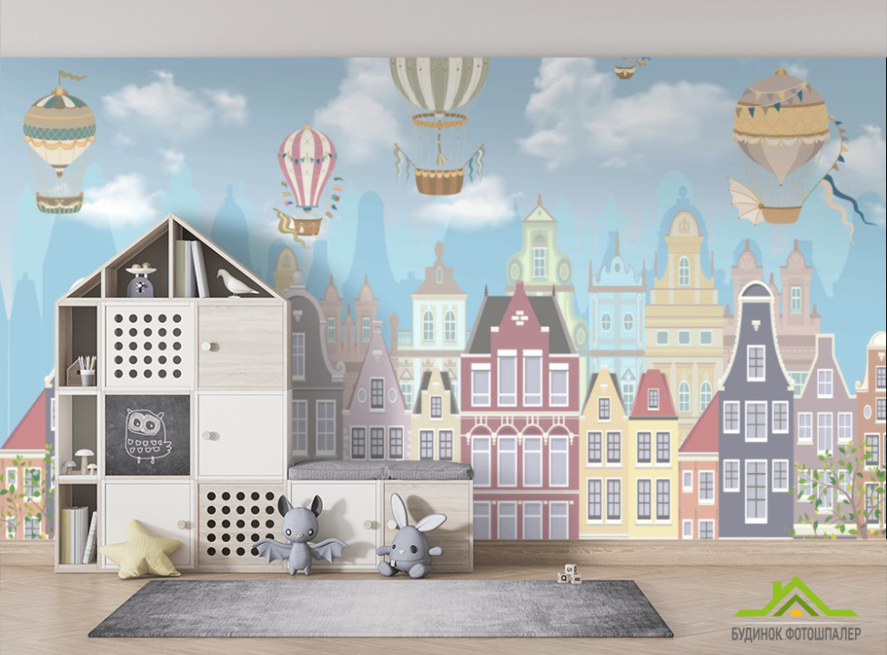 выбрать Фотошпалери Повітряні кулі над будиночками Фотошпалери Little kids на стіну