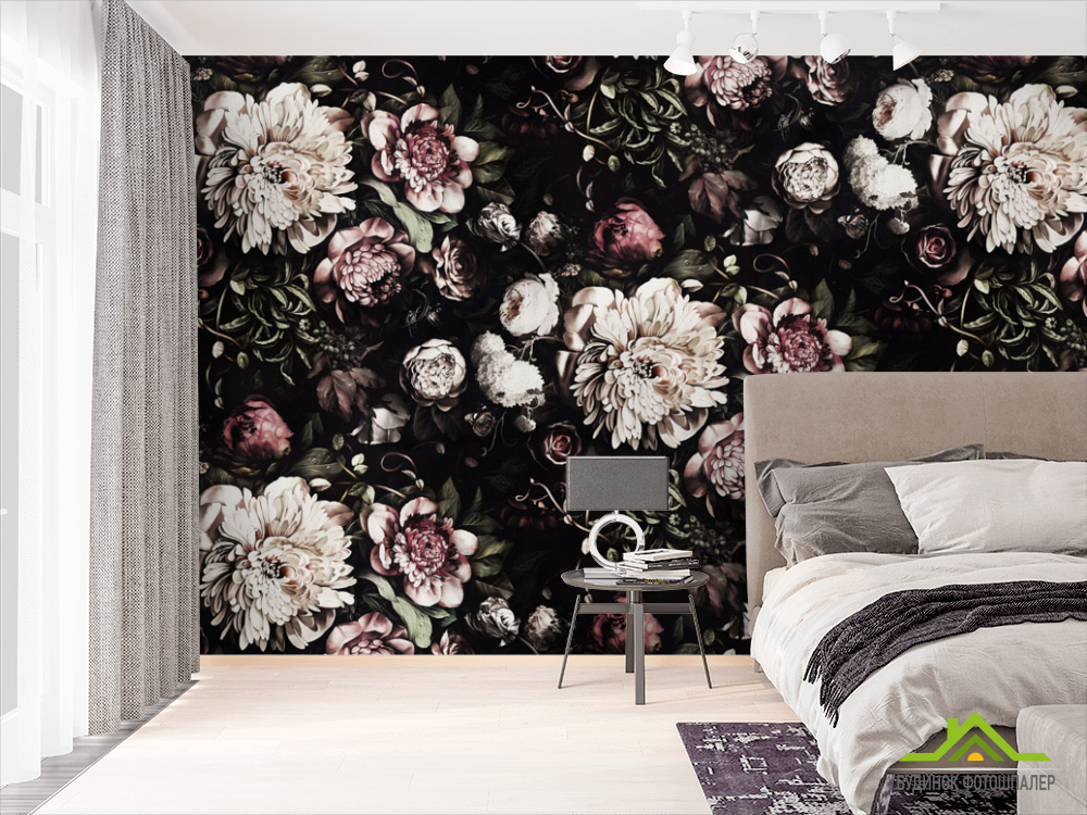 Фотообои Классические цветы на черном фоне