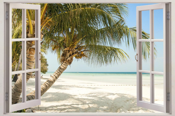 Фотошпалери Пальма і море у вікні