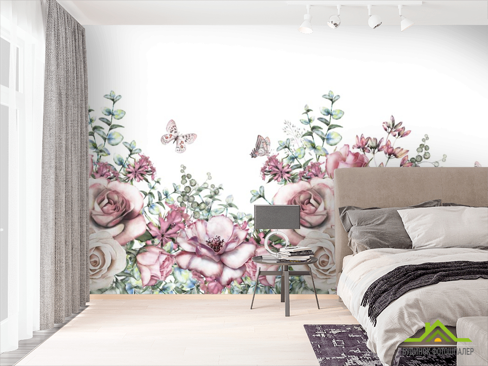 Фотошпалери рожеві акварельні троянди на білому тлі