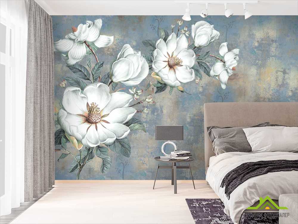 Фотообои Белые цветы на голубом фоне