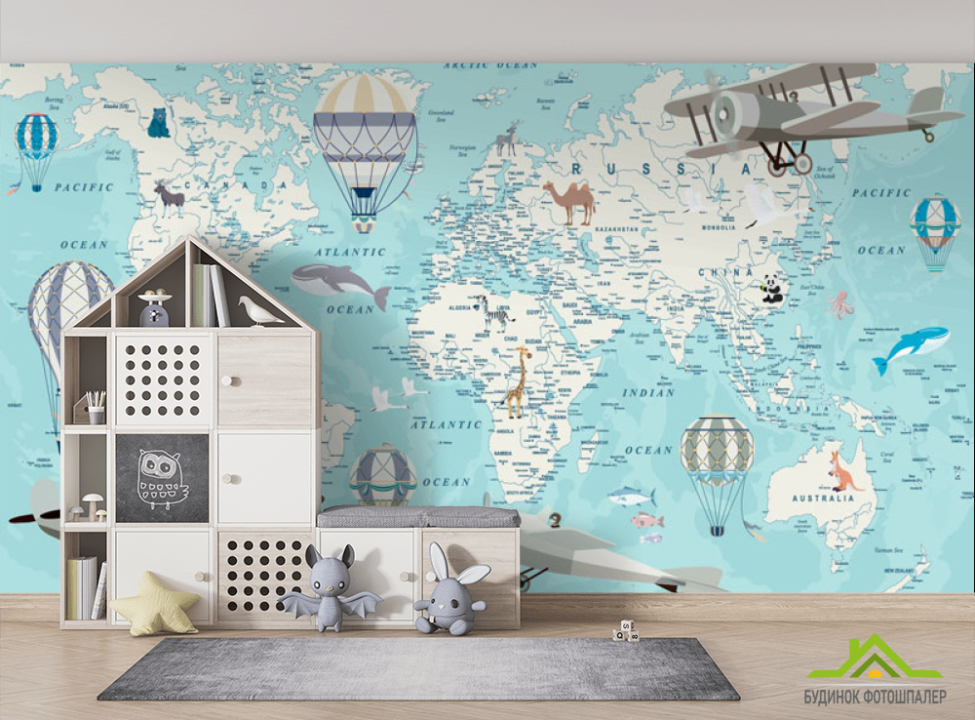 выбрать Фотошпалери Бірюзова карта дитячий Англійська з літаками Фотошпалери Розвиваючі карти на стіну
