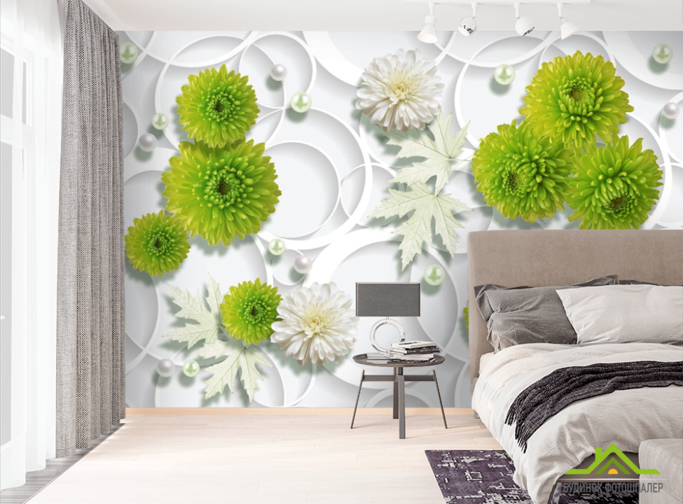 выбрать Фотошпалери зелені квіти на тлі білих кіл Фотошпалери Квіти на стіну