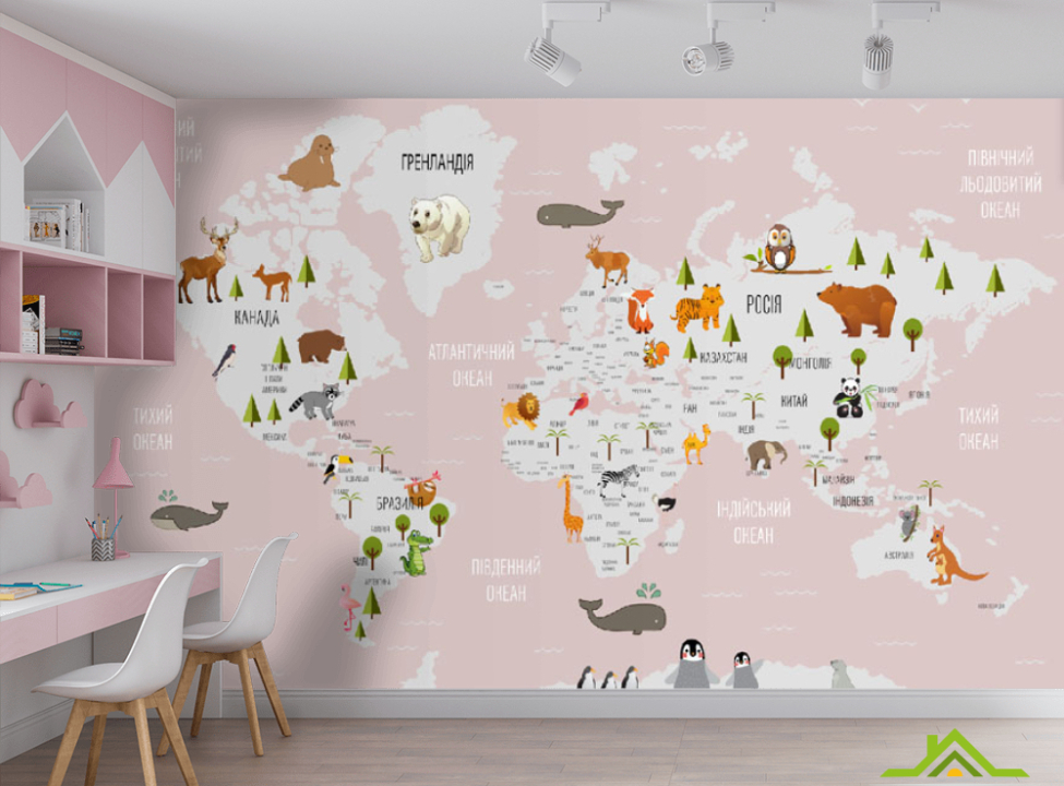 выбрать Фотообои Розовая карта для девочки на украинском Фотообои Развивающие карты на стену