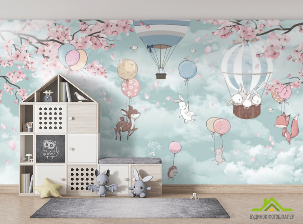 выбрать Фотошпалери звірі на повітряній кулі Фотошпалери Little kids на стіну