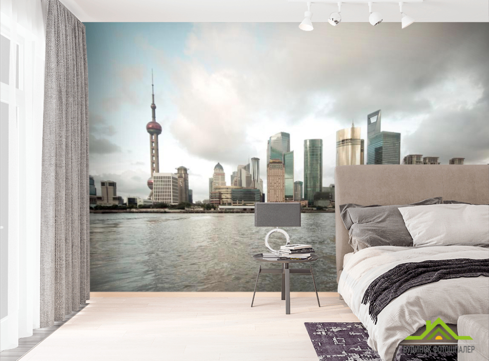выбрать Фотошпалери Море, будинки, хмари Фотошпалери Сучасний місто на стіну