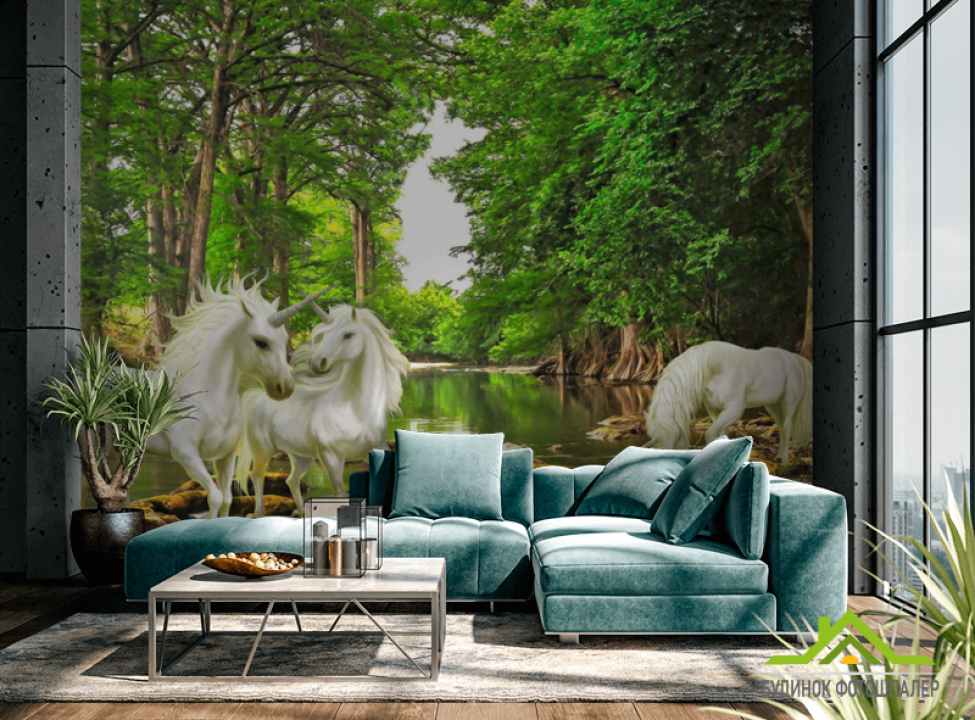 выбрать Фотошпалери Білі єдинороги в лісі Фотошпалери Фрески на стіну
