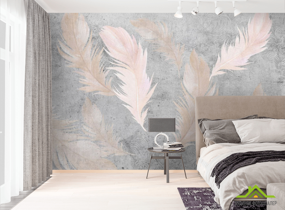 выбрать Фотошпалери рожеві пір'я на тлі бетону. Фотошпалери пір'я на стіну