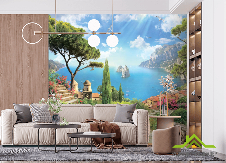 Фотообои Ступеньки, город, море, чайки