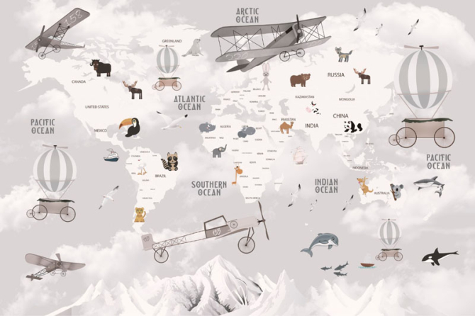 Фотообои Бежевая карта детская минималистичная на английском языке