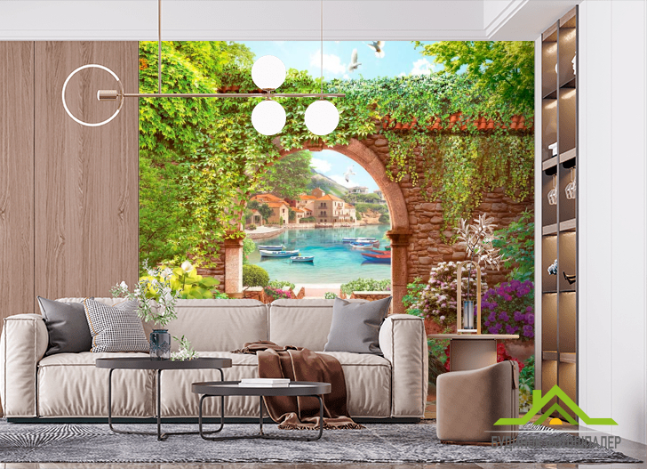 Фотошпалери Павичі, арка, квіти