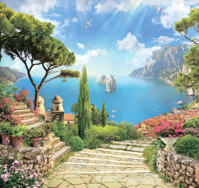 Фотообои Ступеньки, город, море, чайки