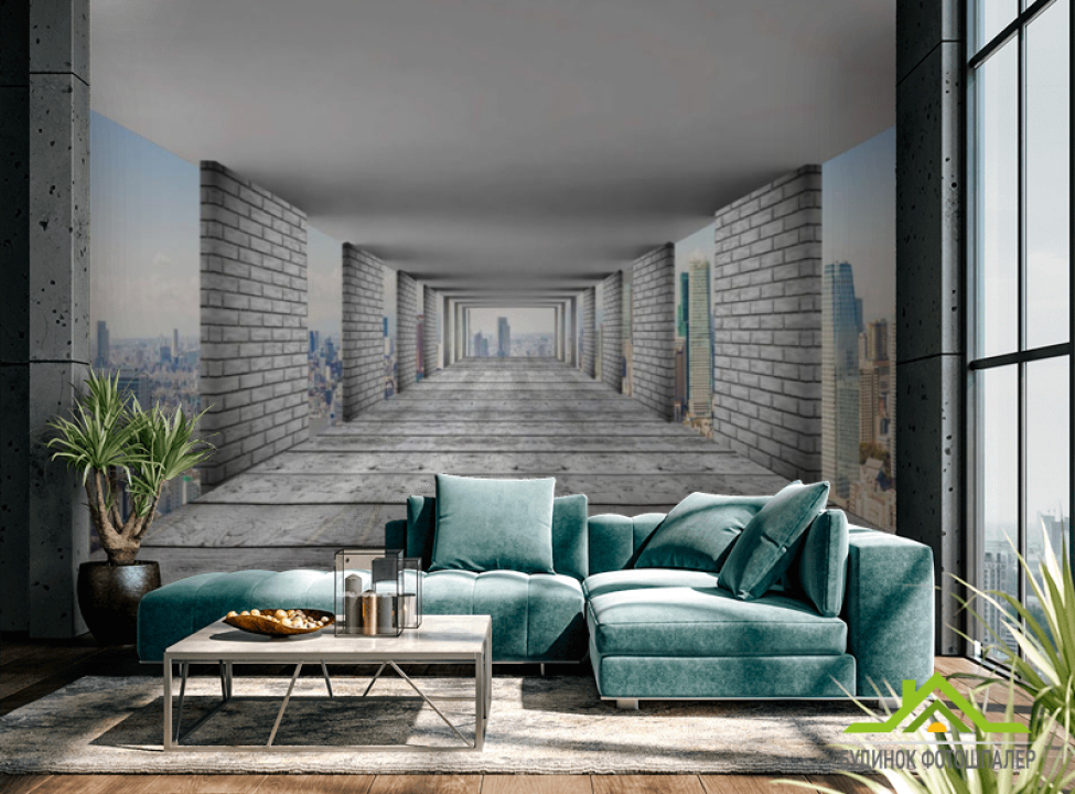 выбрать Фотообои 3д тоннель с городом Фотообои Расширяющие пространство на стену