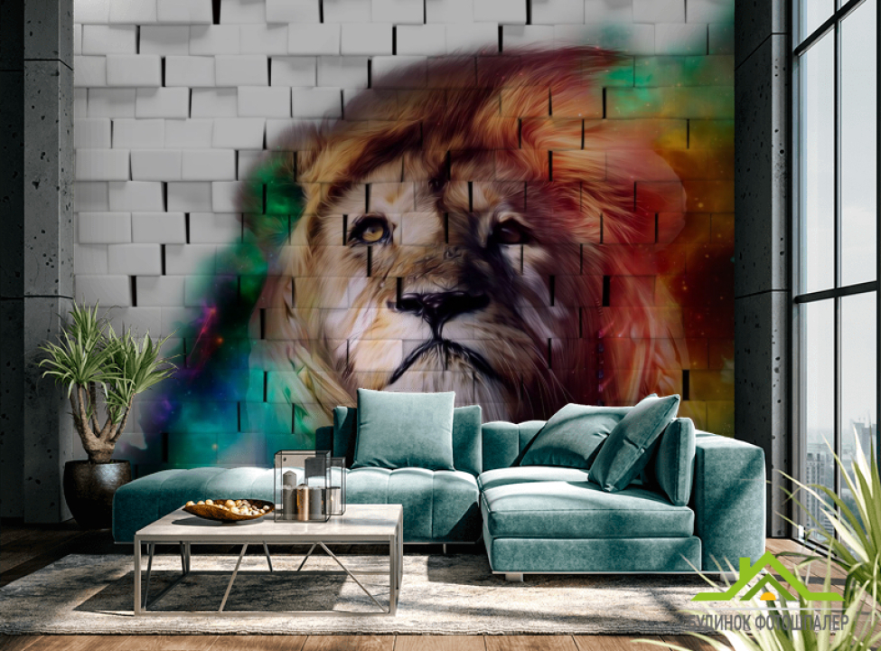 выбрать Фотообои 3д лев на фоне кирпичной стены Фотообои 3Д на стену