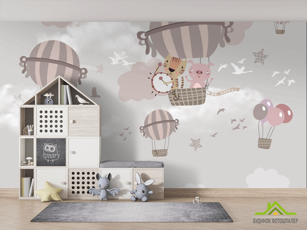 Фотообои Летящие звери на воздушных шарах