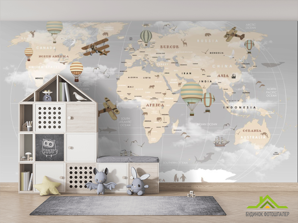 Фотообои Серая карта с детскими континентами на английском