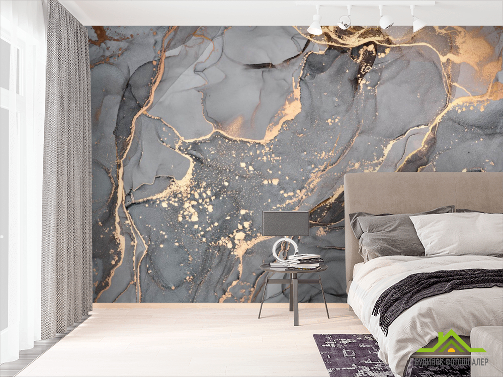 Фотошпалери Сірий Fluid art з золотом