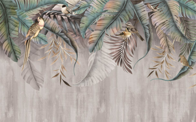 Фотошпалери Тропічні листя з птахами