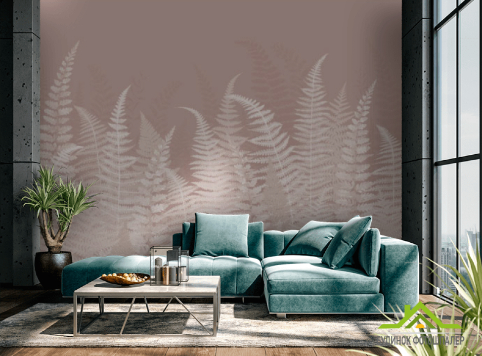 выбрать Фотообои Листья папоротника розовые Фотообои тропические листья на стену