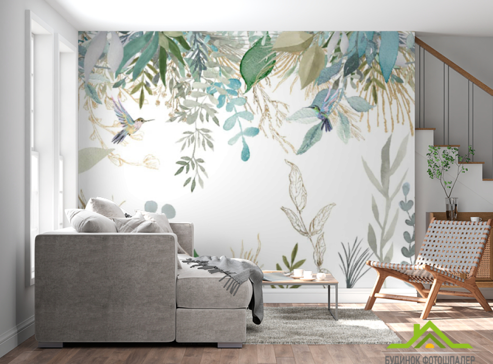 выбрать Фотообои Листья птропические и колибри Фотообои тропические листья на стену
