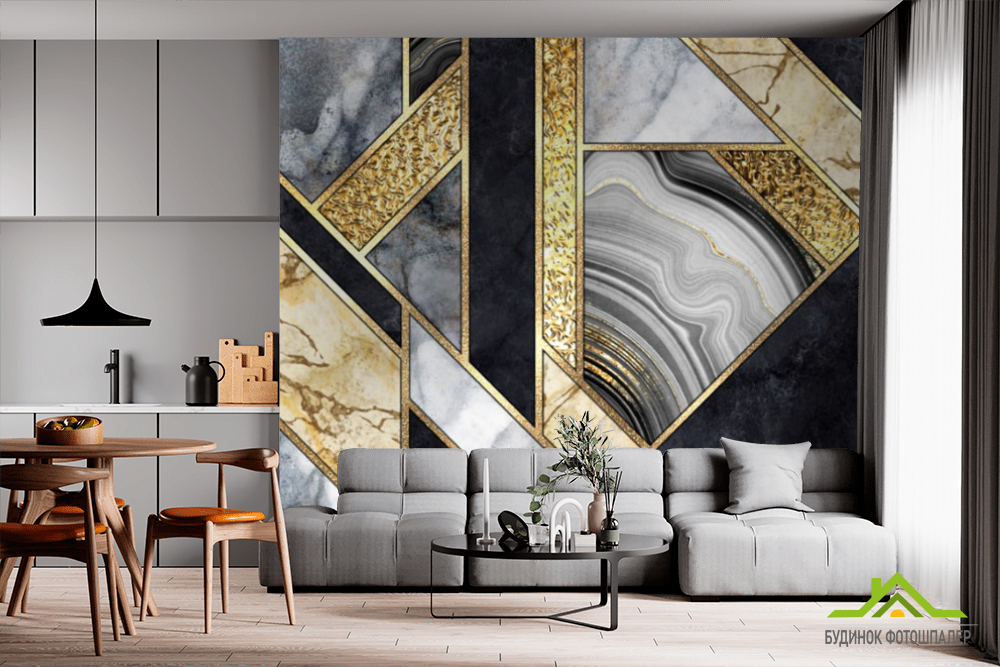 Фотообои мрамор чб с золотом