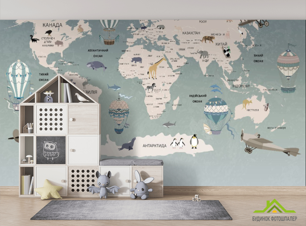 выбрать Фотообои Детская карта на украинском с воздушными шарами и самолетами Фотообои Развивающие карты на стену