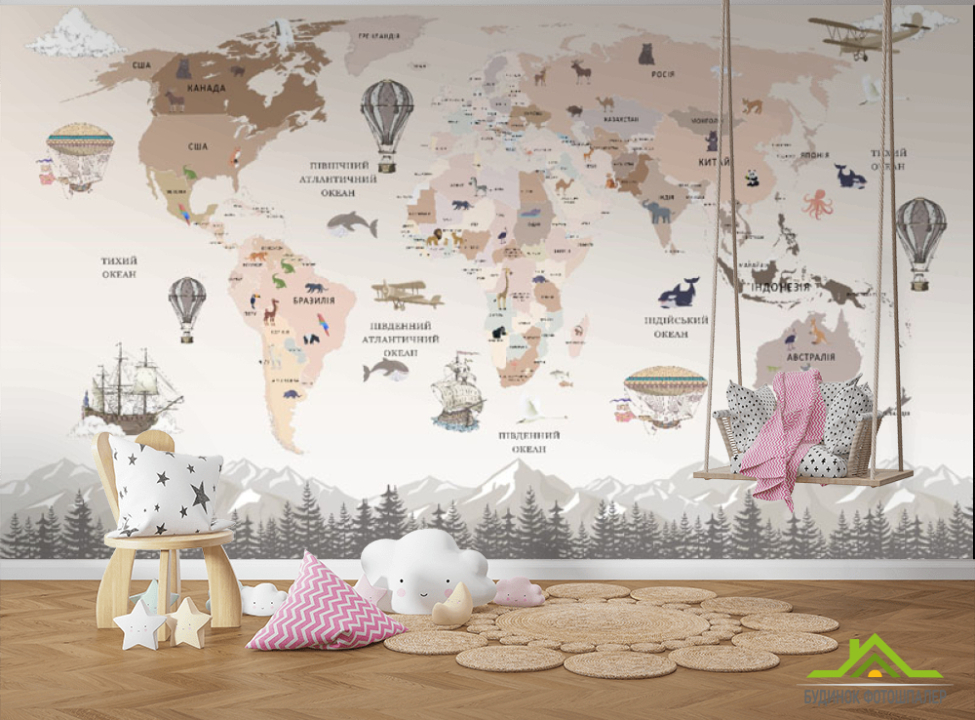 выбрать Фотообои Бежевая карта детская с горами и летающими шарами и самолетами Фотообои Развивающие карты на стену