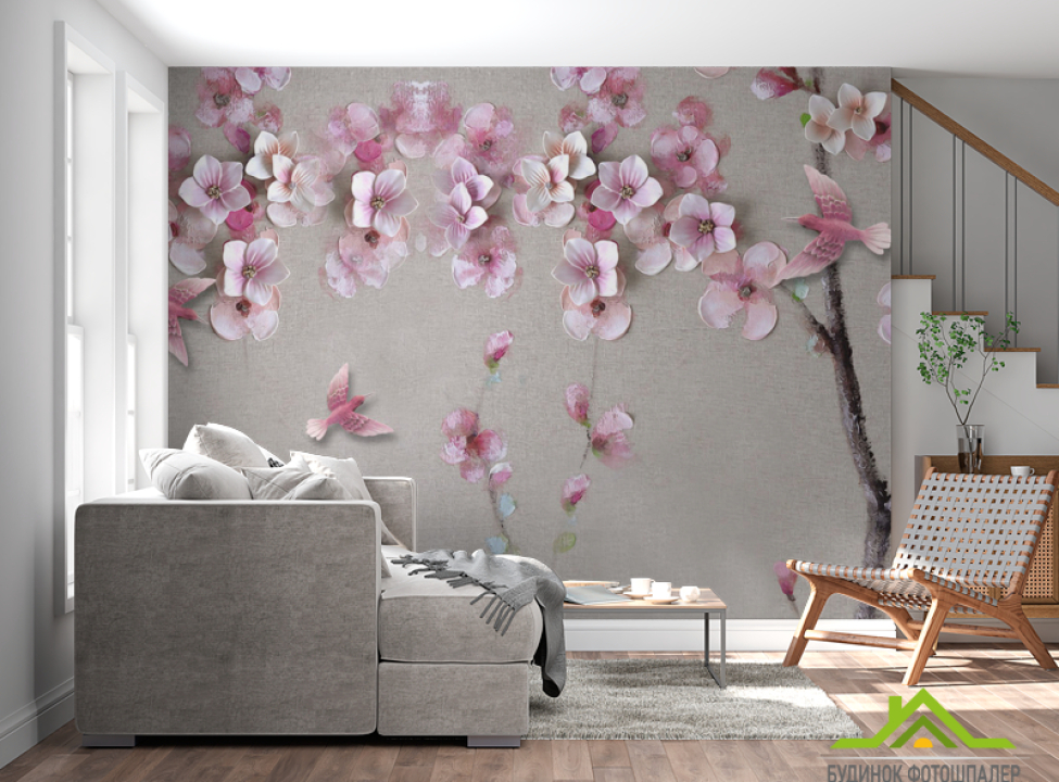 выбрать Фотообои Розовая ветка сакуры Фотообои 3Д барельеф на стену